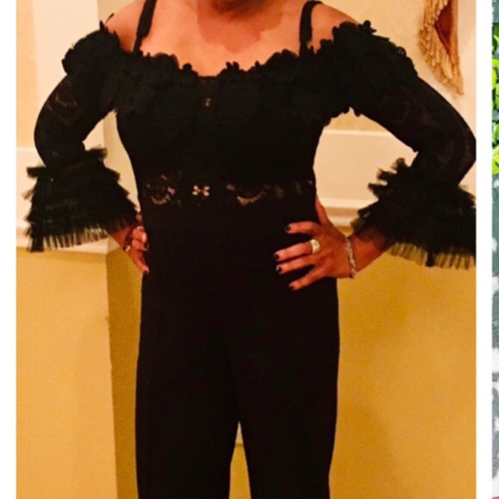 Black lace jumpsuit ….half the shoulder